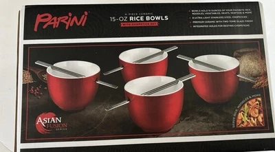 NUEVO Juego de 4 tazones de arroz Parini de cerámica roja con palillos de acero inoxidable Foto 1 de 4