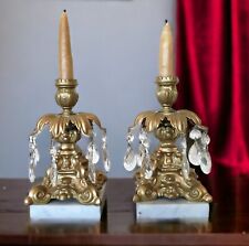 Shabby Italian Gold Gilt Cast Metal and White Marble Candlestick Holders