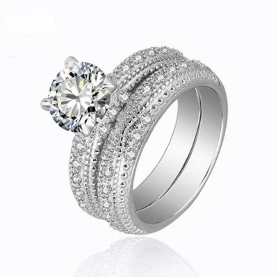 Women's 925 Sterling Silver 2 Carat Lab Diamond Wedding Engagement Ring Set R122 - Image 1 of 4
