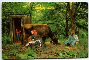 Postcard Missouri Ozarks Hillbilly Livin' Milking Cow Child in Outhouse UNP - Bild 1 von 2