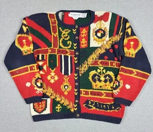 Vintage 1991 The Eagles Eye Crown Royalty Hand Knit Sweater Cardigan Sz M Knit - Picture 1 of 12