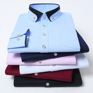 Men Casual Double Collar Slim Fit Formal Shirt Long Sleeve Casual Tunic Shirt 、 - Picture 1 of 16