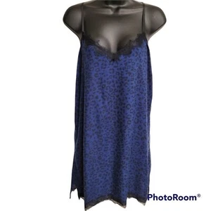 Jenni Navy Blue Leopard Print Black Lace Trim Chemise Night Slip Dress Women's S - Picture 1 of 7