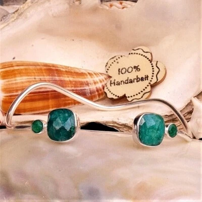 Schlicht Design 925er Silber Armreif  Offen 17 - 22 cm Smaragd Grün Wellenförmig - Bild 1 von 4