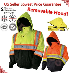 Hi-Vis Insulated Safety Bomber Reflective Winter Jacket Coat with Lining - Picture 1 of 16