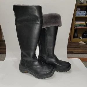 UGGpure Miko Shearling Sheepskin Black Leather Waterproof Tall Boot Sz US 7 EU38 - Picture 1 of 12