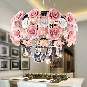 Crystal Chandelier Romantic Pink Rose Ceiling Light Ceramics Flower Pendant Lamp - Picture 1 of 18