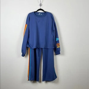 ALDI Gear 2 Piece Wide Leg Sweatpants Crewneck Top with Rainbow Stripes Workwear - Picture 1 of 14