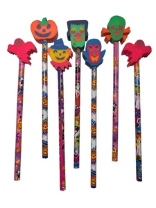 6 Lisa Frank Halloween Bleistifte mit Radiergummis Kürbis Geist Vogelscheuche Vintage - Bild 1 von 6