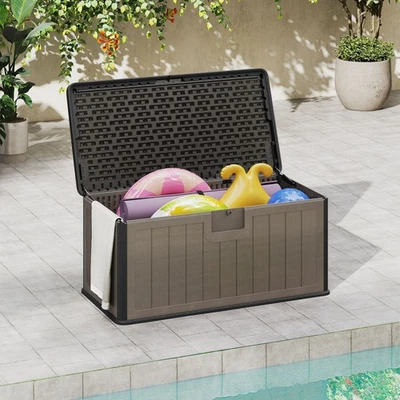 380L Large Waterproof Resin Deck Box Bench Garden Storage Tool Box - Black/Brown - Image 1 of 4