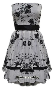 WHITE FLORAL ROCKABILLY VTG PROM STRAPLESS DRESS S10-20 - Picture 1 of 2
