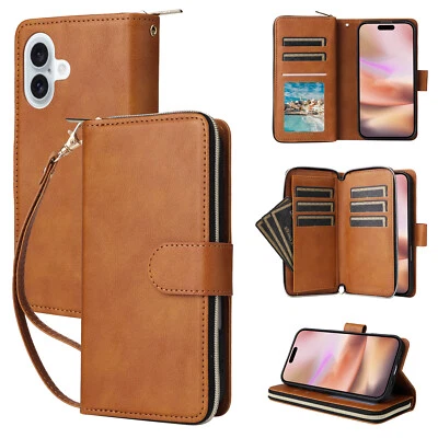 For iPhone 16 15 14 13 12 11 Pro Max Case Leather Wallet Zipper Flip Cover Shock - Image 1 of 4