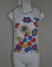 Ladies VTG 1970s White Tank Top Floral Print Sleeveless Shirt Sz XS/S NOS