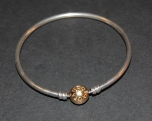 100% Authentic PANDORA 14k Solid Gold logo Clasp Charm Bracelet Bangle - Picture 1 of 2