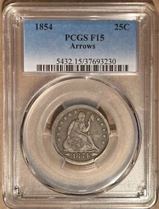 1854 PCGS F15 Liberty Seated Quarter 25c with Arrows - Picture 1 of 2