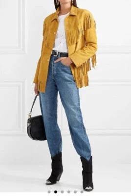 Yellow Fringe Leather Jacket Women Suede Studded Custom Made Size S M L XL XXL - Image 1 of 4
