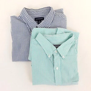 Lands End Lot 2  Mens XL Shirts 17 17.5 Short Sleeve Button Down  Stripe Checker - Picture 1 of 17