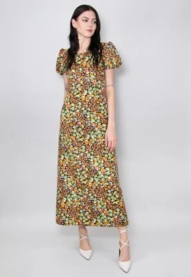 Maxi Vestido Floral Multicolor Manga Corta Abullonada Negro Años 70 Vintage Damas Foto 1 de 4