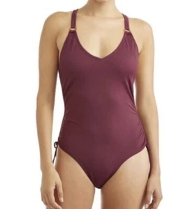 Time And Tru Missy Side Shirred One-Piece Swimsuit Burgundy Womens L NWT - Picture 1 of 9