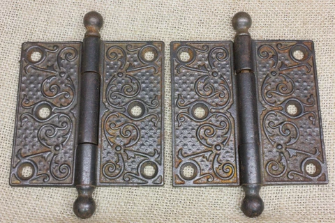 2 Old Door Hinges 3 1/2 X 3 1/2” Cannon Ball Top Clean Vintage Cast Iron Rare Cover