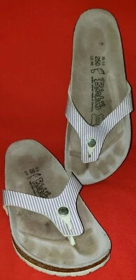 Birkenstock Birki's女式脚趾柱拖鞋凉鞋8米白色薰衣草条纹  — 第 1/4 张图片