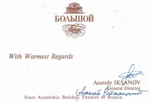 Tarjeta de visita autografiada del director general del Teatro Bolshoi de Anatoly Iksanov - Imagen 1 de 1