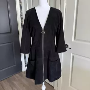 Alexis Black Suede Dominique V-Neck O-Right Zipper Kimono Mini Dress Size M - Picture 1 of 7
