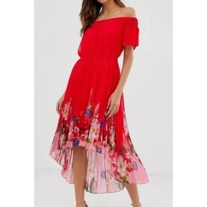 Ted Baker Red Off the Shoulder Midi Dress Floral High-Low Summer Wedding Guest - Picture 1 of 13