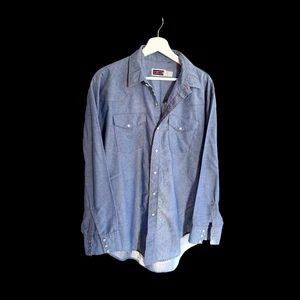 Vintage 70’s Big Mac Shirt Sz L/XL Blue Work Mechanic Pearl Snap Distressed - Picture 1 of 10