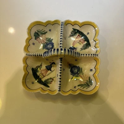 Vintage French HB Quimper Divided Serving Dish With Scalloped Edge and Handle - Image 1 of 4