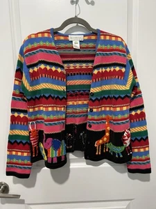 Vintage Susan Bristol Cardigan Sweater Animals Safari Women Size Medium - Picture 1 of 7