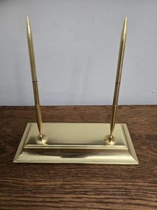 Vintage G&D Solid Brass Desk Dual Pens & Holder Spain 8.5"×3.75" Black & Blue  - Picture 1 of 8