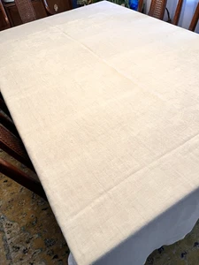 Simple Vintage Ecru Linen Damask Tablecloth with Hemstitch 60x98 - Picture 1 of 10