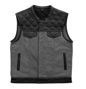 Men's Hunt Club Motorcycle Leather Canvas Grey Vest  Diamond Quilted Denim Style - Picture 1 of 4