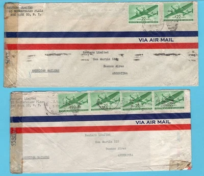 USA 2 censor air covers 1945 NY to Reuter Buenos Aires Argentina - Image 1 of 2