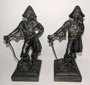 Pair Antique Paul Herzel Bronze Clad Swashbuckler Pirate Sculpture Bookends Set - Picture 1 of 4