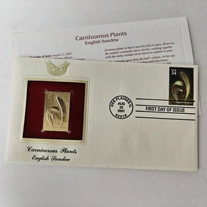 2001 Carnivorous Plants English Sundew 22kt Gold Replica Stamp 1st Day of Issue - Picture 1 of 5