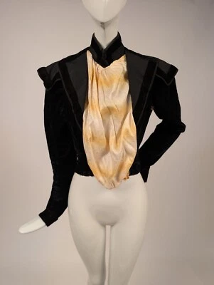 VICTORIAN 1890’S BLACK VELVET BODICE W YELLOW SILK FRONT - Image 1 of 4