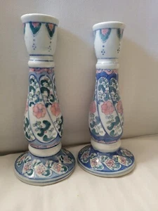 Pair Ceramic Candle Sticks Holders Hand Painted Blue & White Florals  - Picture 1 of 11