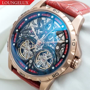 Mens Rose Gold Double Flywheel Automatic Mechanical Watch Red Leather Strap - Picture 1 of 12