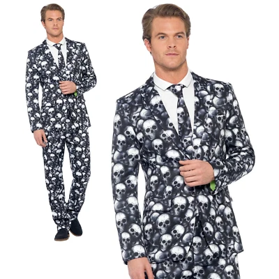 Mens Skeleton Skull Print Suit Day of The Dead Costume Halloween Fancy Dress - Image 1 of 4