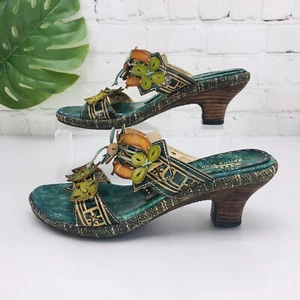 Spring Step Slide Sandal Womens 37/US 6.5 Green Leather Slip-On Low Heel Floral - Picture 1 of 12