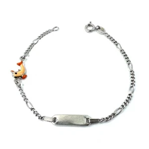 925 Sterling Silver ID Bracelet W/ Dolphin - Figaro Link - 17cm - 5.2mm Wide - Picture 1 of 8