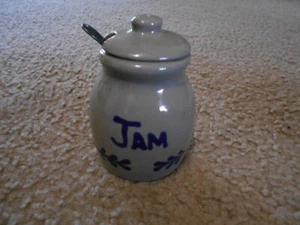 BBP Jam Crock Jar Container Salt Glaze Blue Stoneware VTG & Spoon - Picture 1 of 4