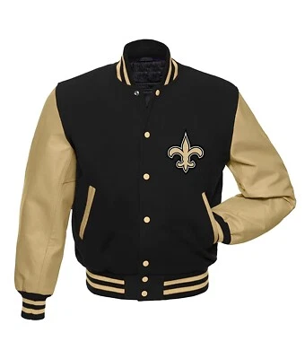 New Orleans Saints Black Body Cream Leather Letterman Jacket Varsity Jacket - Image 1 of 4