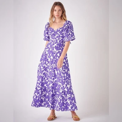 Free the Roses Floral Print Maxi Dress Purple Romantic White Puff Sleeves Medium - Image 1 of 4