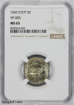 1943-P/P/P Jefferson Nickel NGC MS65 RPM VP-005 SILVER WAR 1 of 2 in 65! - Image 1 of 4