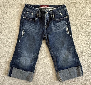Baby Phat Jeans Womens 7 Blue Capri Cropped Distressed Embroidered Zipper Logo - Picture 1 of 13