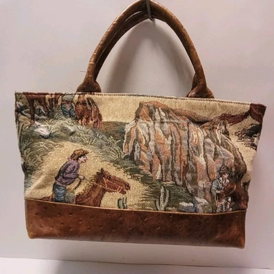 VTG Western Tapestry Double Handle Handbag Purse Ostrich Pattern Leather Trim  - Image 1 of 4