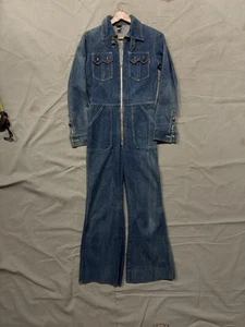 Vintage Denim Bell Bottom Jumpsuit Women’s Flare Small , RARE 60s Black Rowel - Picture 1 of 10